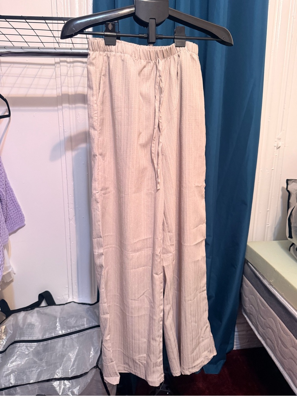 Light Beige Wide-Leg Drawstring Pants